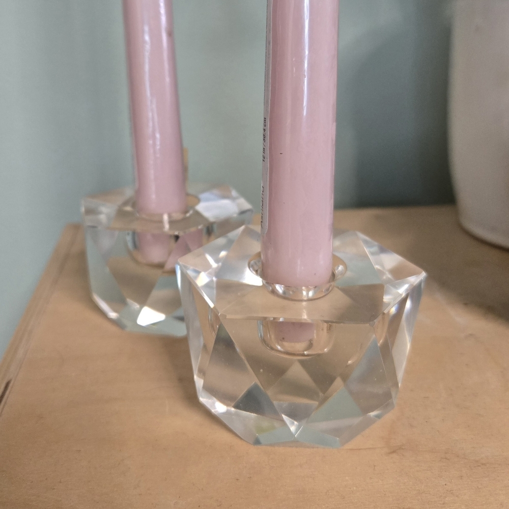 Vintage Heavy Crystal Geometric Hexagon Candle Holders